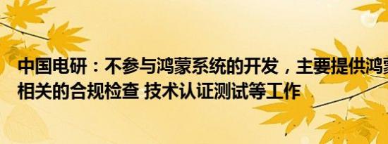 中国电研：不参与鸿蒙系统的开发，主要提供鸿蒙智联认证相关的合规检查 技术认证测试等工作